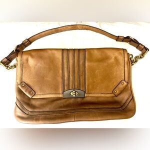 B. Makowsky Brown Pebbled Leather Turnlock Flap Closure Crossbody Bag